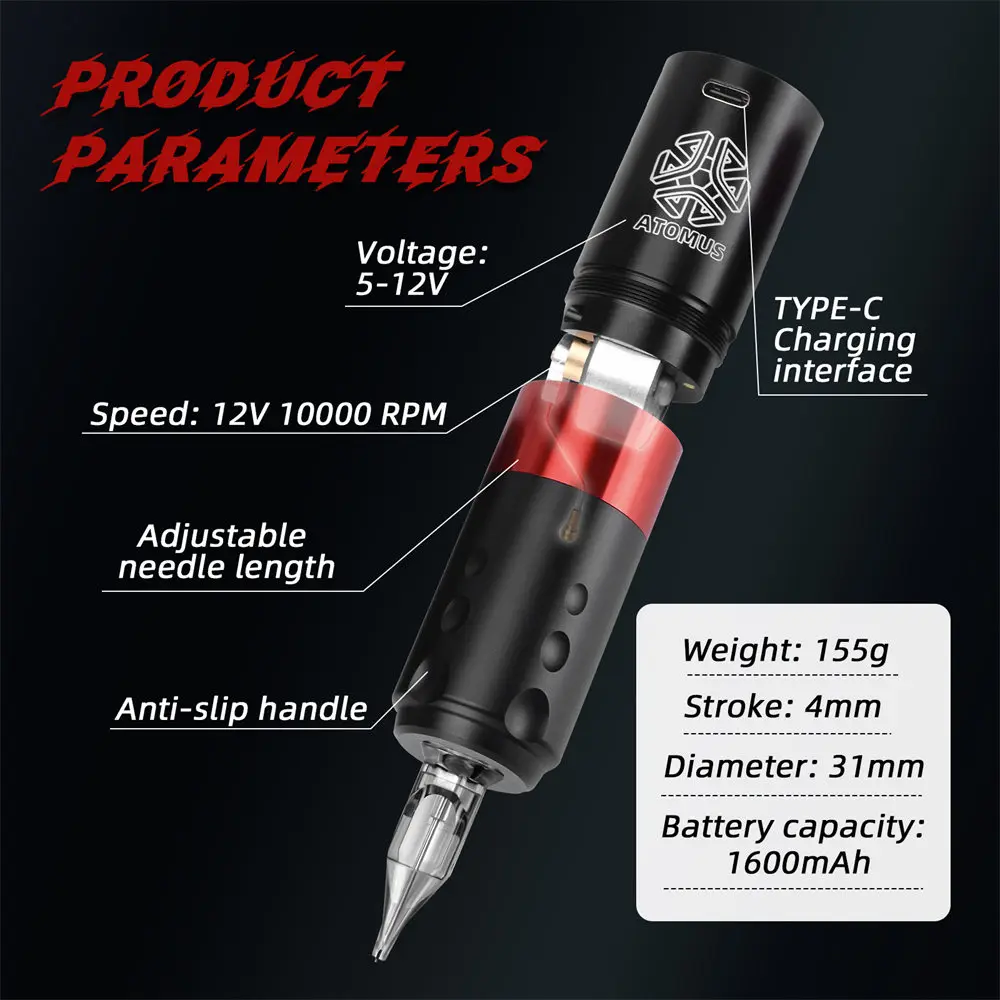 Complete Wireless Tattoo Gun Kit 20pcs Cartridge Needles Ink Rotary Tattoo Pen 1600mAh Battery Digital Portable Cordless Motor