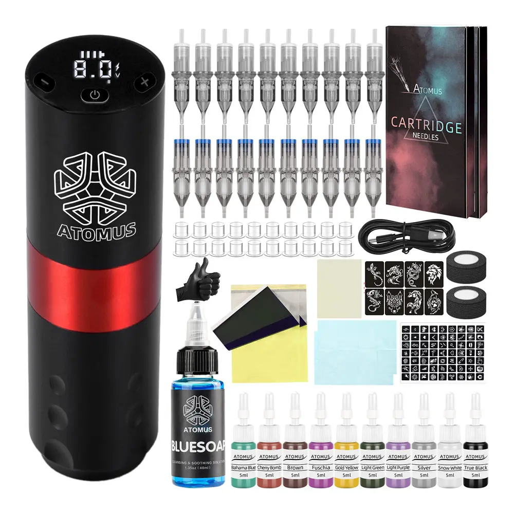 Complete Wireless Tattoo Gun Kit 20pcs Cartridge Needles Ink Rotary Tattoo Pen 1600mAh Battery Digital Portable Cordless Motor