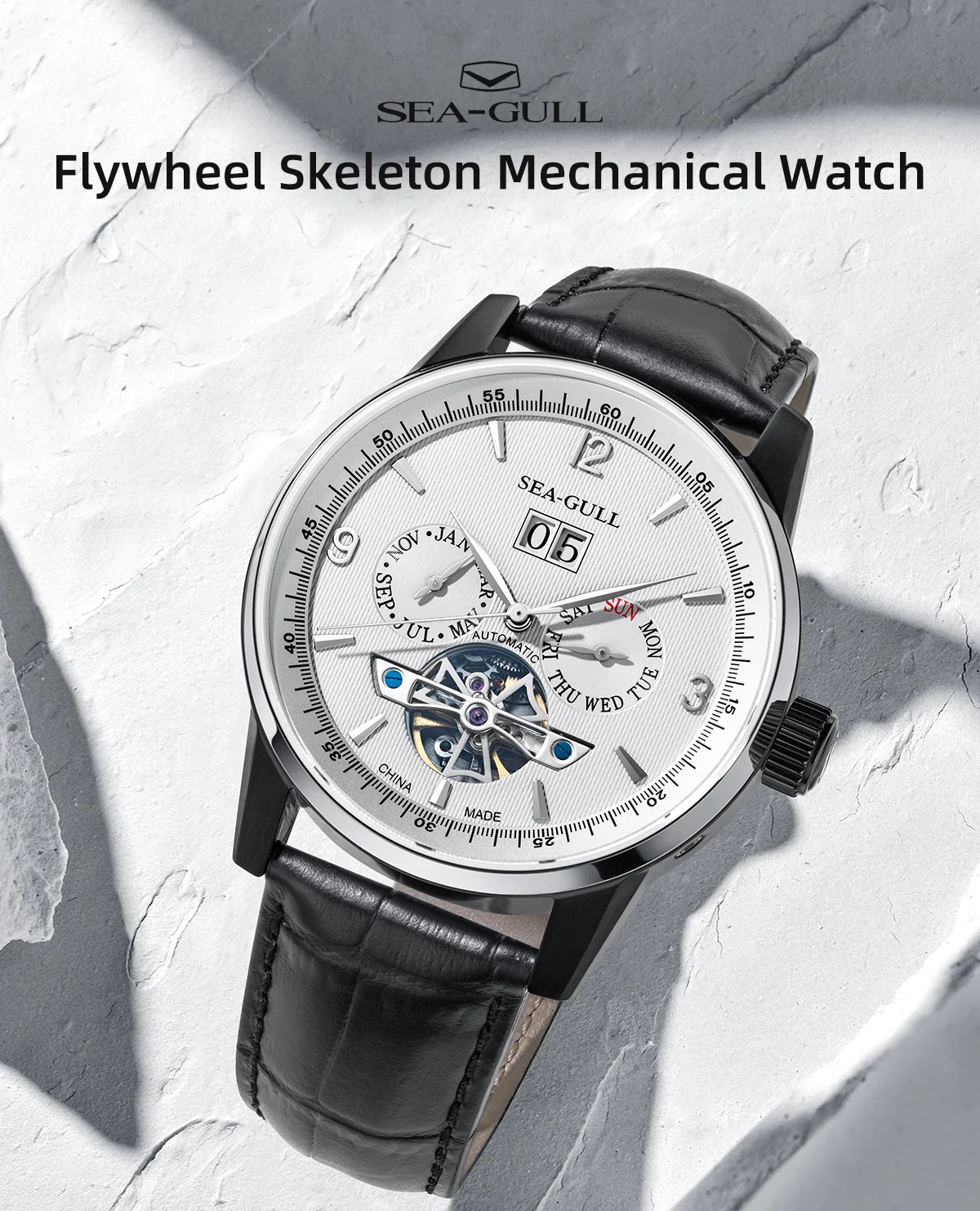 Seagull Men Automatic Watch Fashion Hollow Flywheel Mechanical Wristwatch Multi-function calendar week month Waterproof Clock