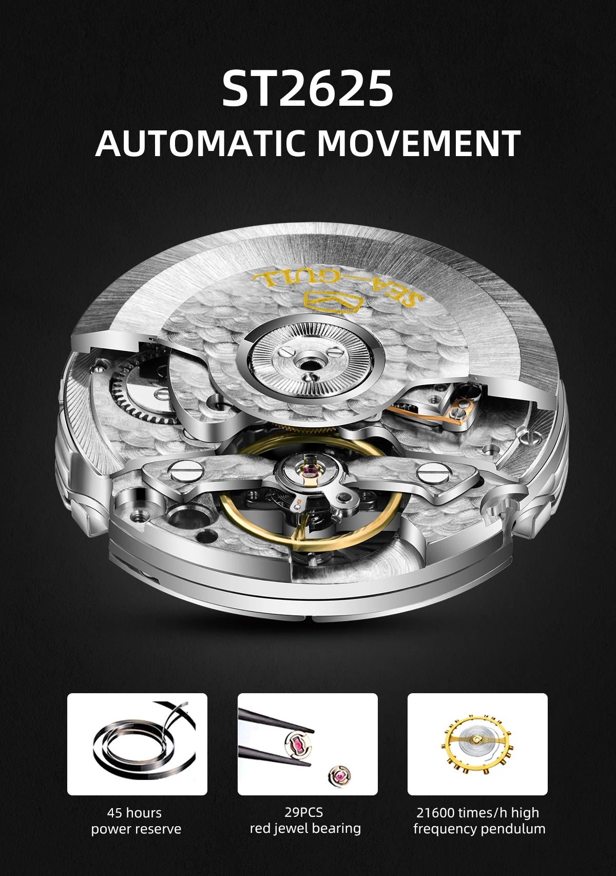 Seagull Men Automatic Watch Fashion Hollow Flywheel Mechanical Wristwatch Multi-function calendar week month Waterproof Clock