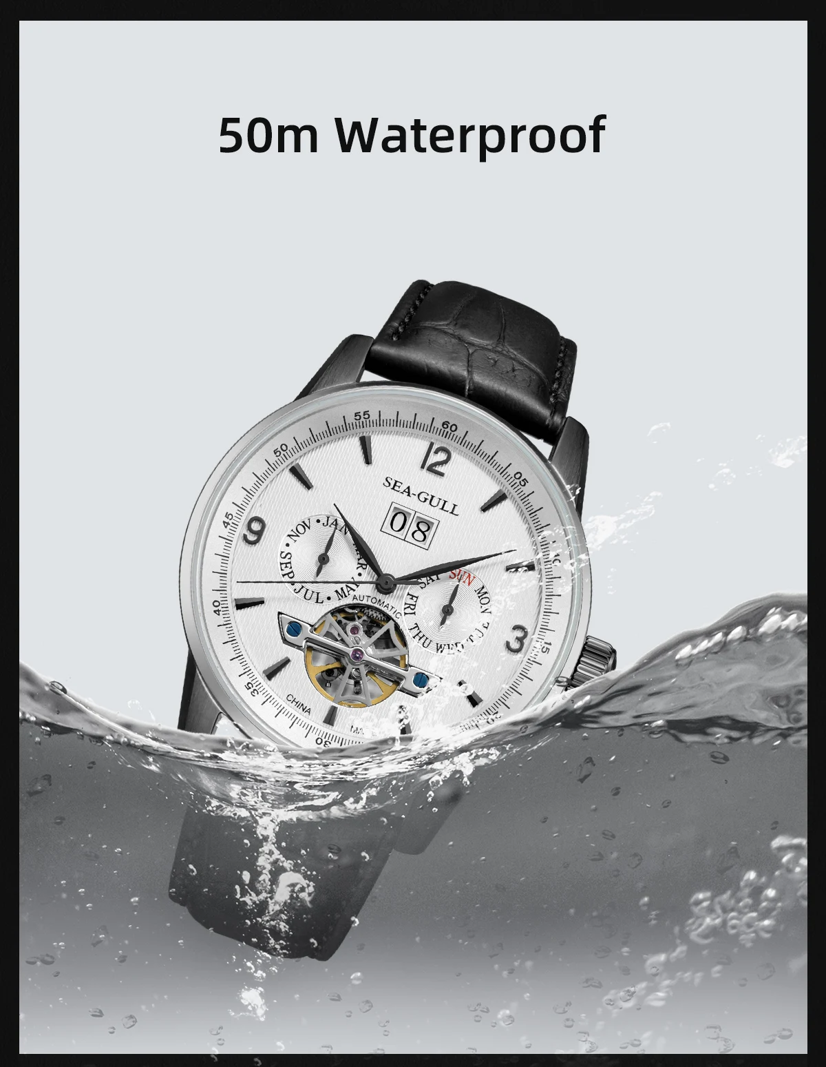Seagull Men Automatic Watch Fashion Hollow Flywheel Mechanical Wristwatch Multi-function calendar week month Waterproof Clock