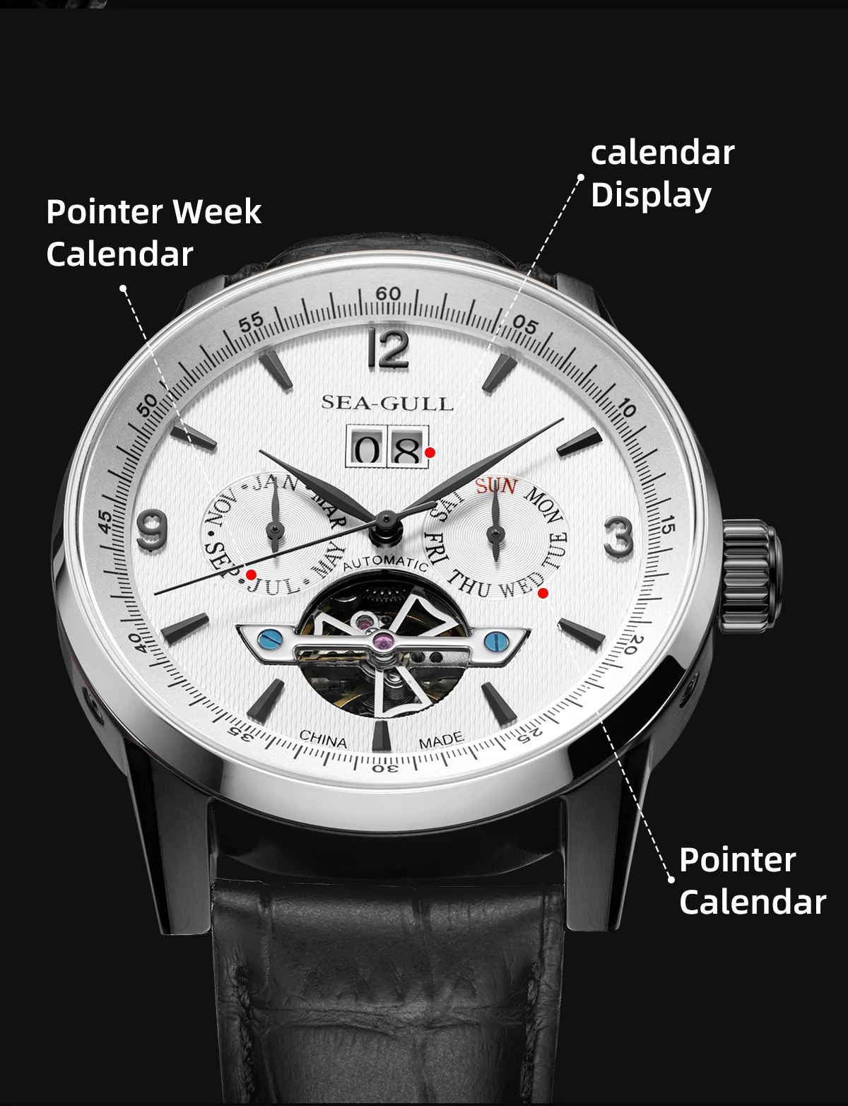 Seagull Men Automatic Watch Fashion Hollow Flywheel Mechanical Wristwatch Multi-function calendar week month Waterproof Clock