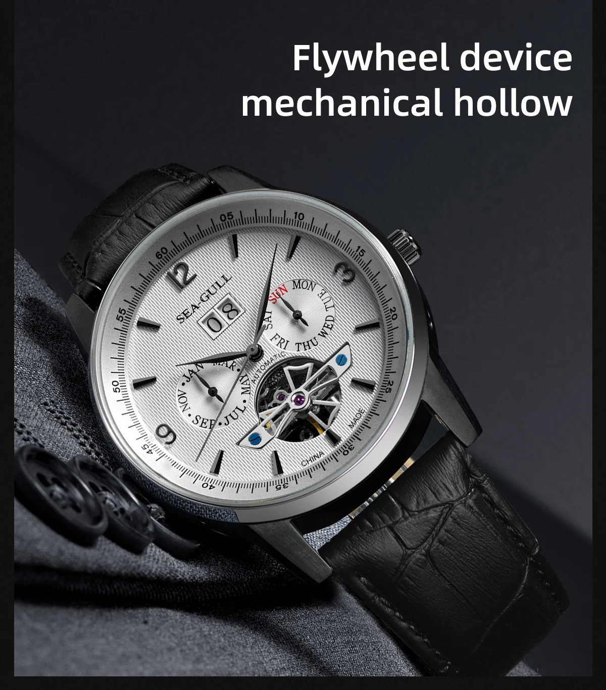 Seagull Men Automatic Watch Fashion Hollow Flywheel Mechanical Wristwatch Multi-function calendar week month Waterproof Clock