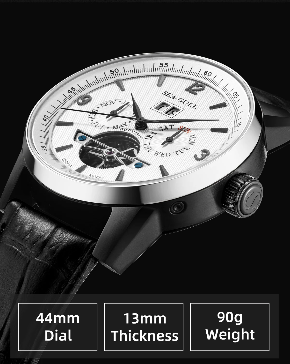 Seagull Men Automatic Watch Fashion Hollow Flywheel Mechanical Wristwatch Multi-function calendar week month Waterproof Clock