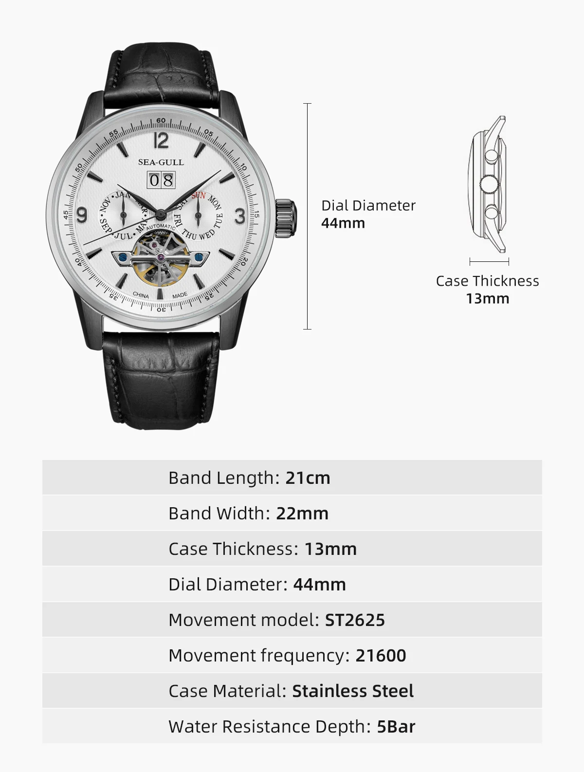 Seagull Men Automatic Watch Fashion Hollow Flywheel Mechanical Wristwatch Multi-function calendar week month Waterproof Clock