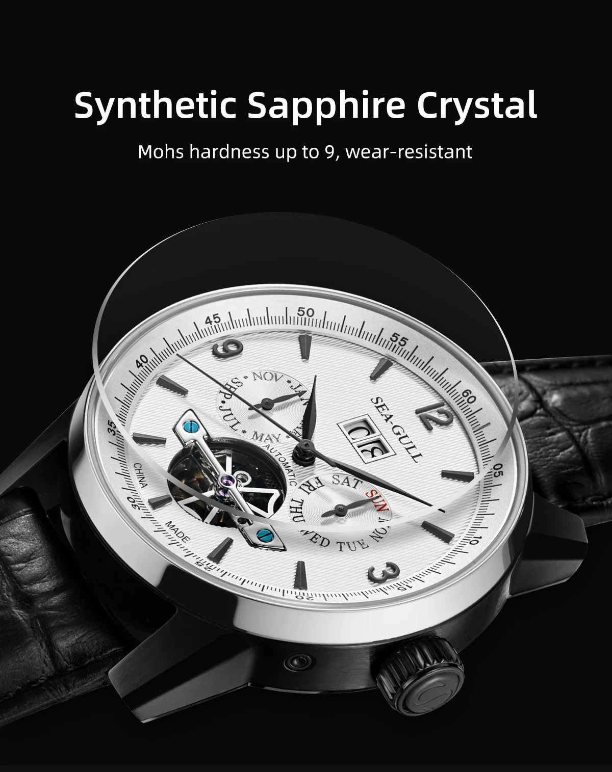 Seagull Men Automatic Watch Fashion Hollow Flywheel Mechanical Wristwatch Multi-function calendar week month Waterproof Clock