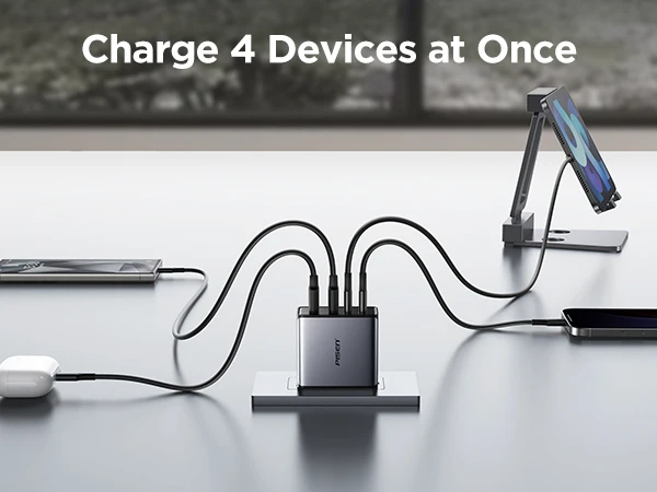 PISEN 65W 4-Port GaN Charger w/ 4FT C-C Cable, Fast Charge for MacBook, iPhone 16-14, iPad, Galaxy S24, Pixel 8, Steam Deck