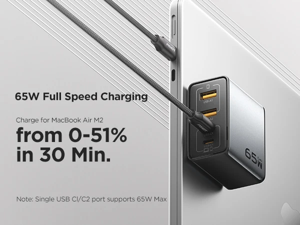 PISEN 65W 4-Port GaN Charger w/ 4FT C-C Cable, Fast Charge for MacBook, iPhone 16-14, iPad, Galaxy S24, Pixel 8, Steam Deck