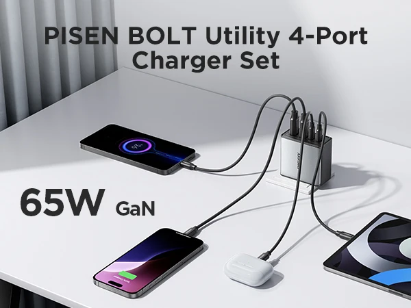 PISEN 65W 4-Port GaN Charger w/ 4FT C-C Cable, Fast Charge for MacBook, iPhone 16-14, iPad, Galaxy S24, Pixel 8, Steam Deck