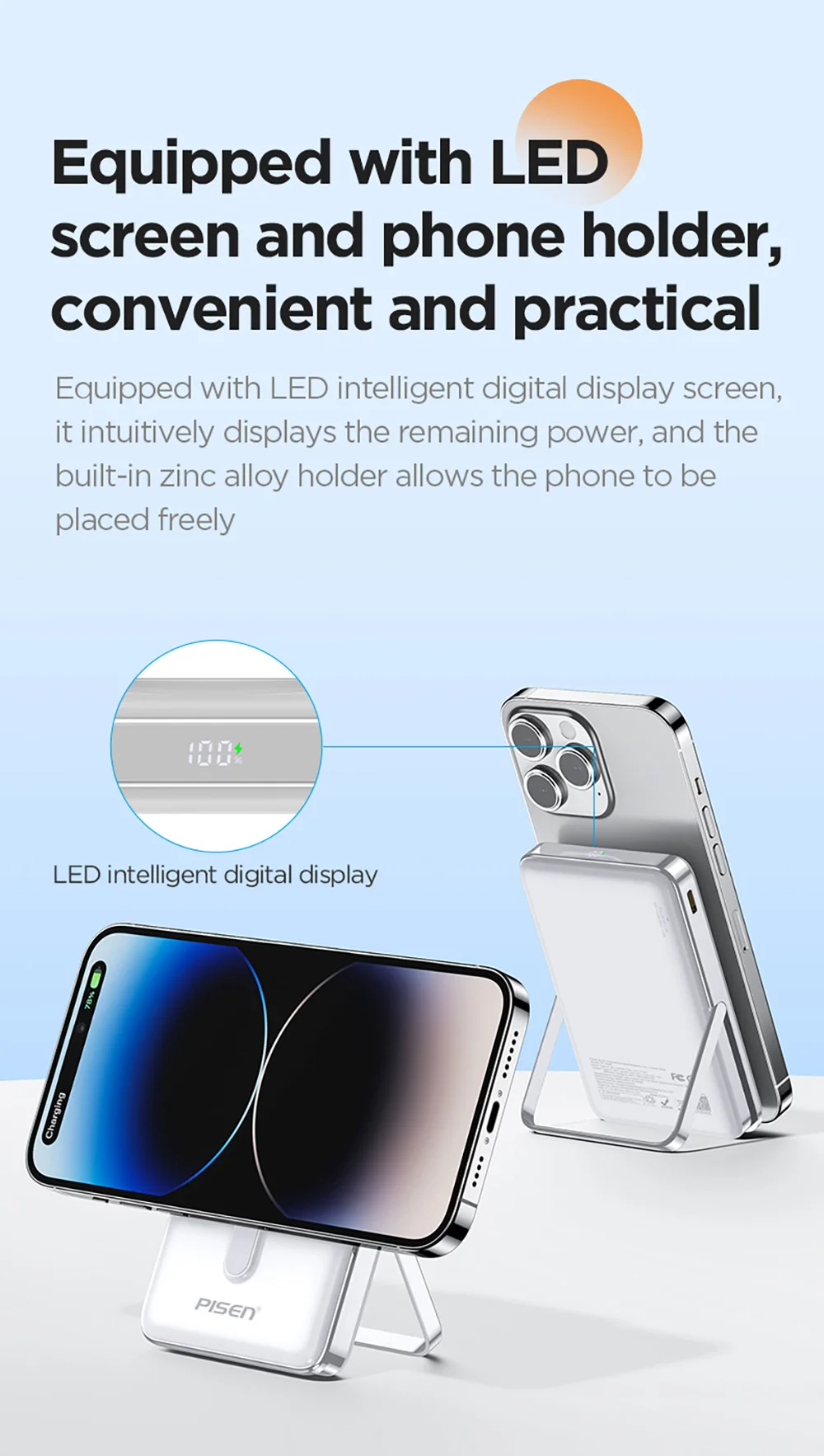 PISEN Magnetic Wireless Power Bank with Built in Stand MagSafe Compatible 30W USB C Fast Charging for iPhone Samsung Huawei
