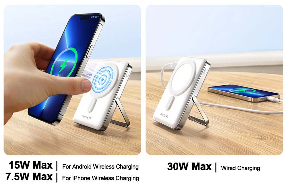 PISEN Magnetic Wireless Power Bank with Built in Stand MagSafe Compatible 30W USB C Fast Charging for iPhone Samsung Huawei