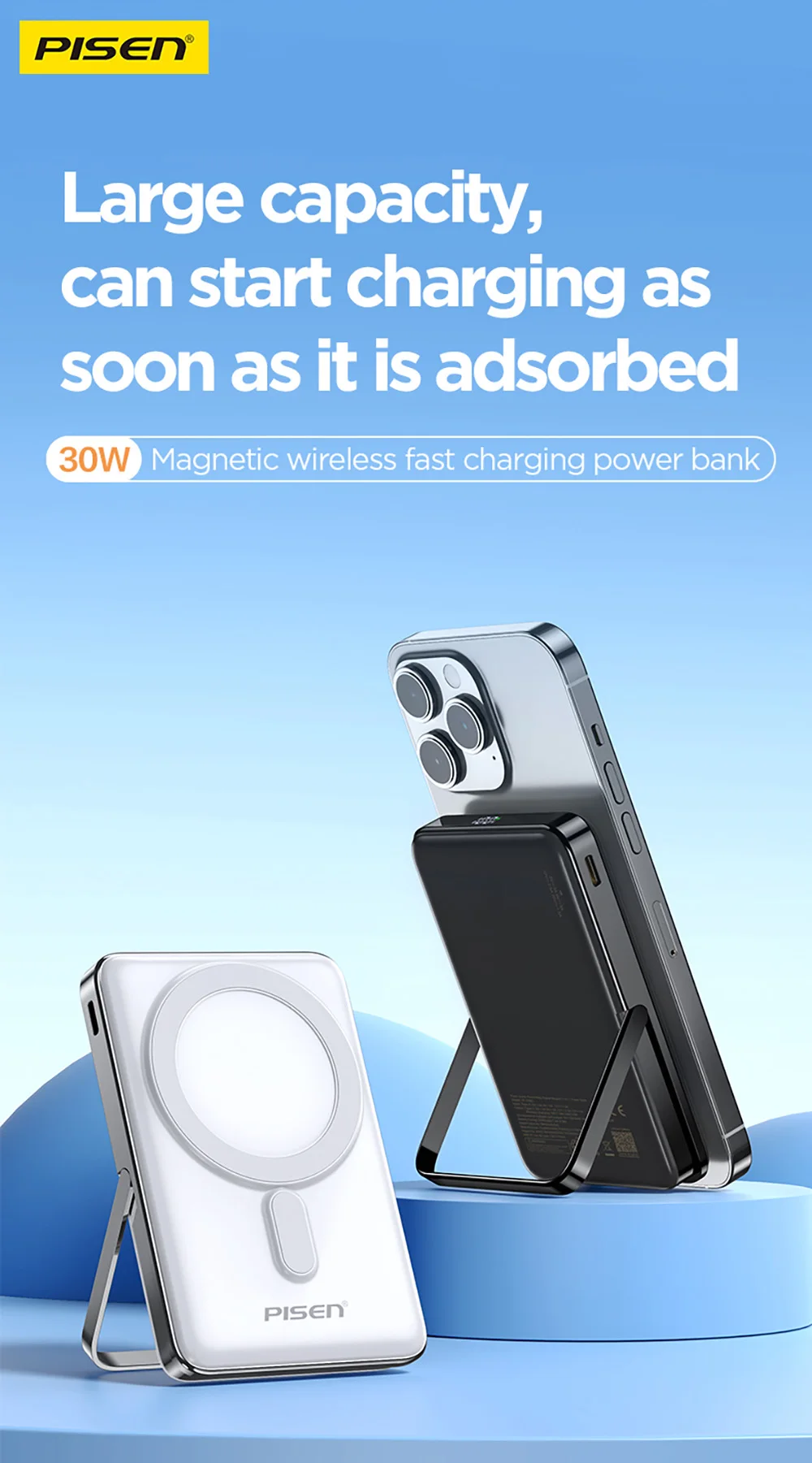 PISEN Magnetic Wireless Power Bank with Built in Stand MagSafe Compatible 30W USB C Fast Charging for iPhone Samsung Huawei