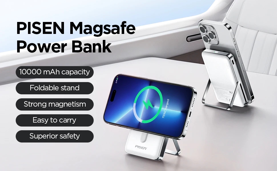 PISEN Magnetic Wireless Power Bank with Built in Stand MagSafe Compatible 30W USB C Fast Charging for iPhone Samsung Huawei