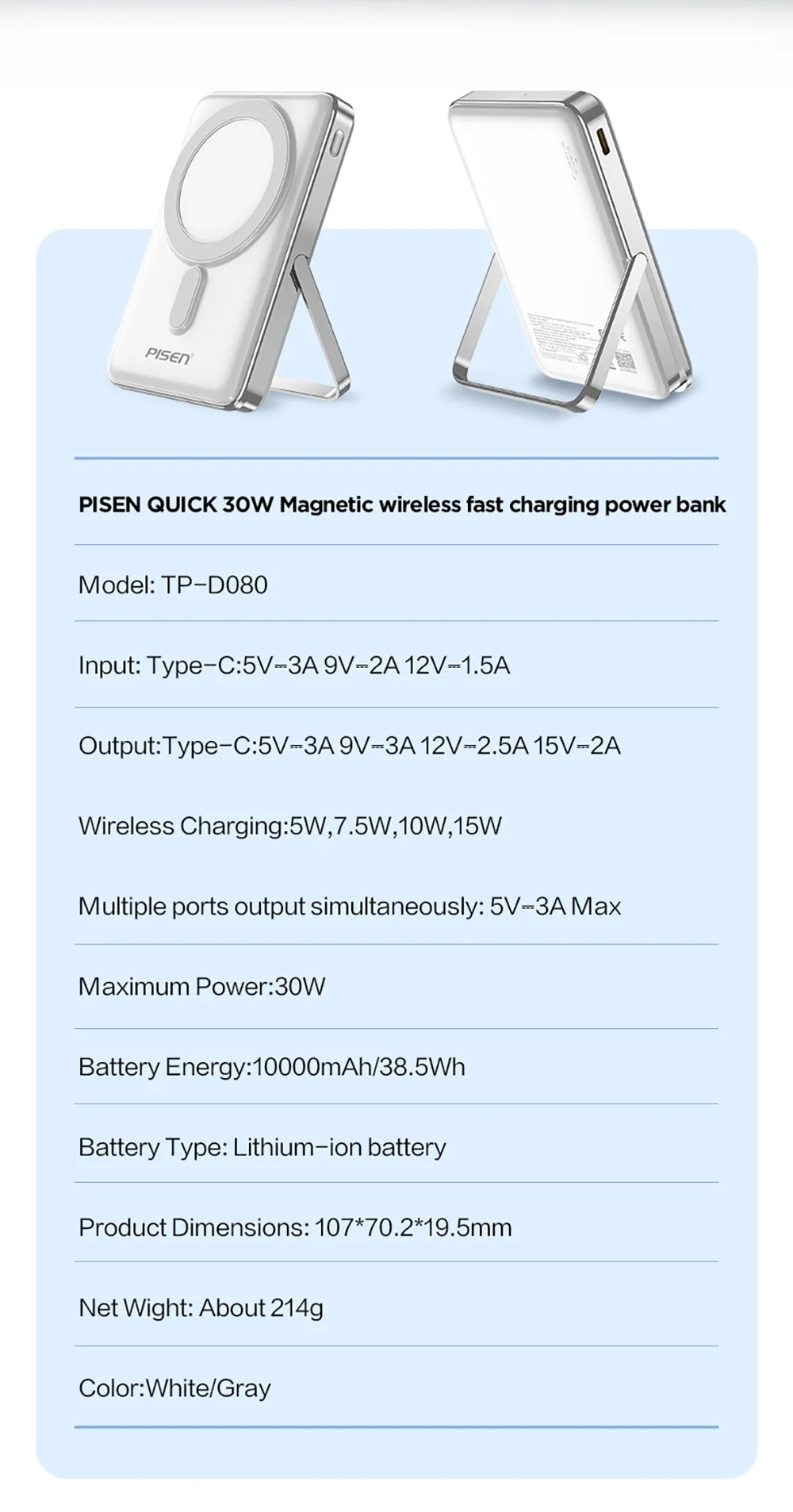 PISEN Magnetic Wireless Power Bank with Built in Stand MagSafe Compatible 30W USB C Fast Charging for iPhone Samsung Huawei