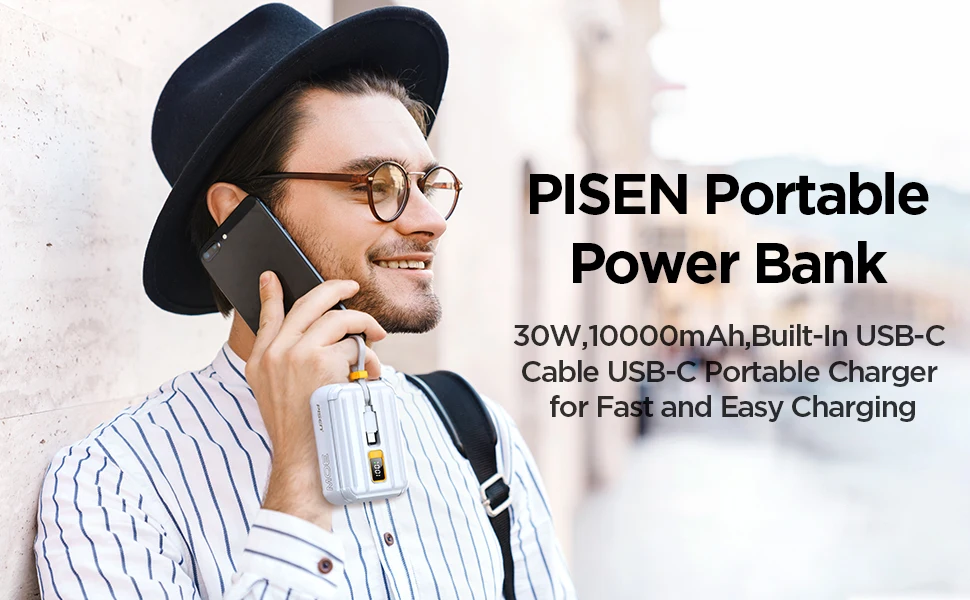 PISEN 30W Mini Power Bank 10000mAh, Small And Portable, With Dual Wires, Compatible With Type-C And Lightning Interface Devices