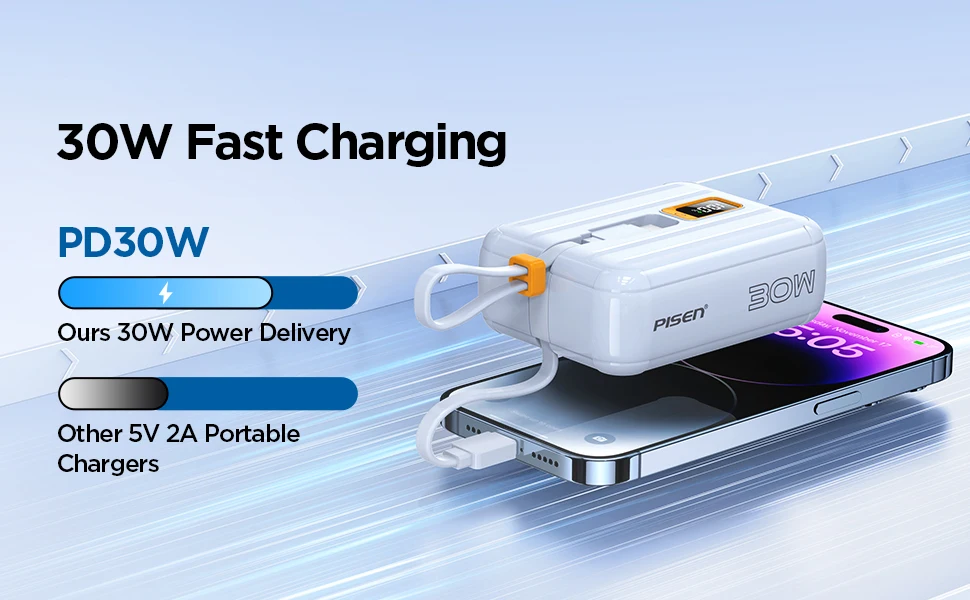 PISEN 30W Mini Power Bank 10000mAh, Small And Portable, With Dual Wires, Compatible With Type-C And Lightning Interface Devices