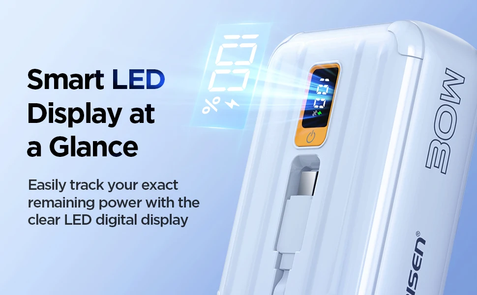 PISEN 30W Mini Power Bank 10000mAh, Small And Portable, With Dual Wires, Compatible With Type-C And Lightning Interface Devices