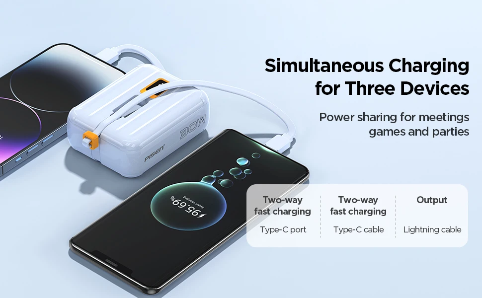 PISEN 30W Mini Power Bank 10000mAh, Small And Portable, With Dual Wires, Compatible With Type-C And Lightning Interface Devices