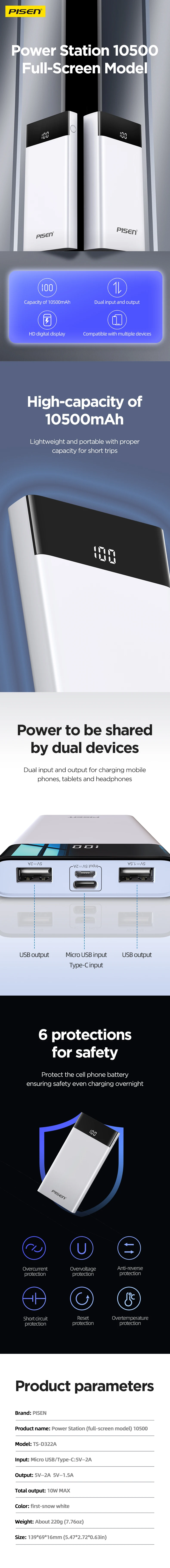 PISEN 10500mAh Portable Power Bank HD Digital Display Screen Dual-Device Charging Compatibility with Apple Xiaomi Samsung