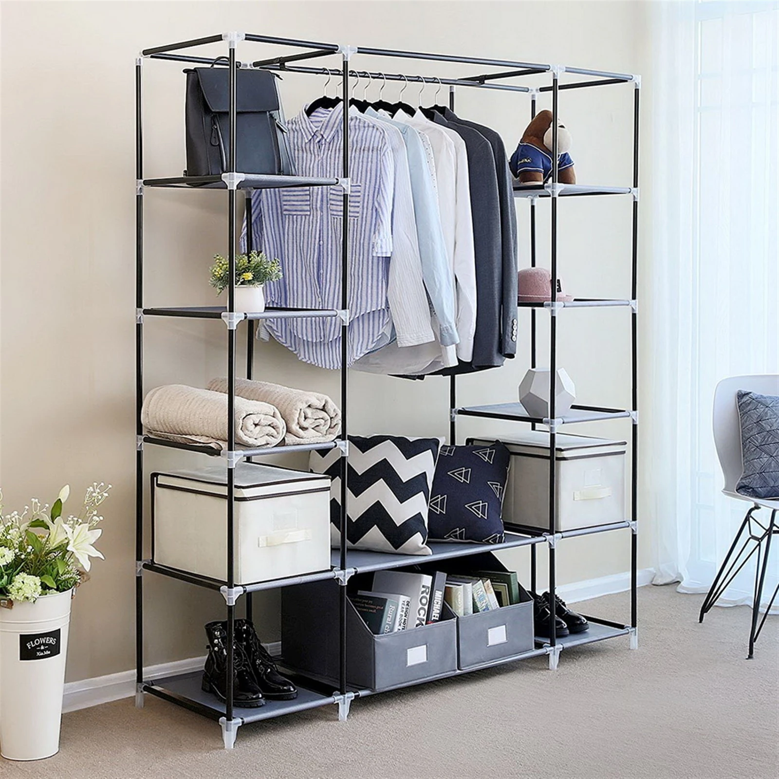 69" Portable Clothes Closet Wardrobe Storage Organizer with Non-Woven Fabric Quick Assemble Extra Strong Durable Black