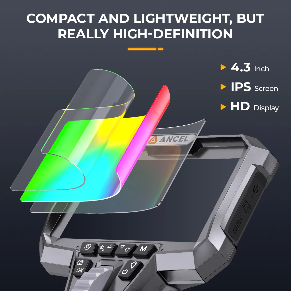 ANCEL AN302 4.3" Screen 2-Way Articulating Borescope 6.5mm Dual Front-Side Camera HD Endoscope 7 LED Lights Car Engine Industrial Pipe Inspection