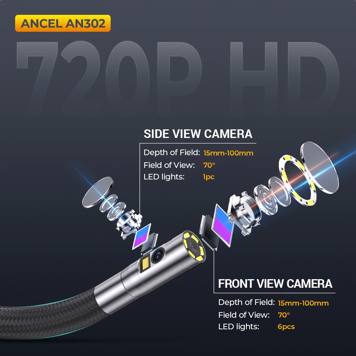 ANCEL AN302 4.3" Screen 2-Way Articulating Borescope 6.5mm Dual Front-Side Camera HD Endoscope 7 LED Lights Car Engine Industrial Pipe Inspection
