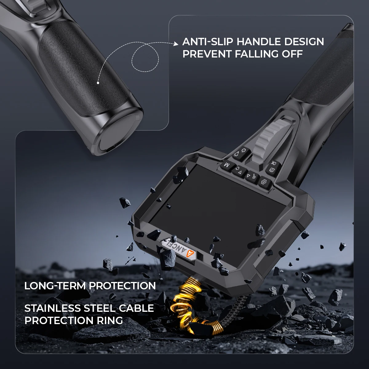 ANCEL AN302 4.3" Screen 2-Way Articulating Borescope 6.5mm Dual Front-Side Camera HD Endoscope 7 LED Lights Car Engine Industrial Pipe Inspection
