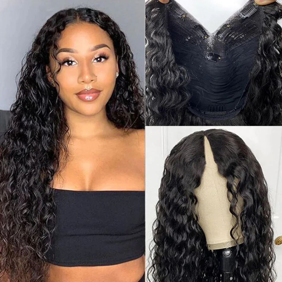 V Part Wigs Human Hair Glueless No Leave Out Upgrade Brazilian Curly Deep Wave Wigs For Women 220 Density Natural Color 30 Inch
