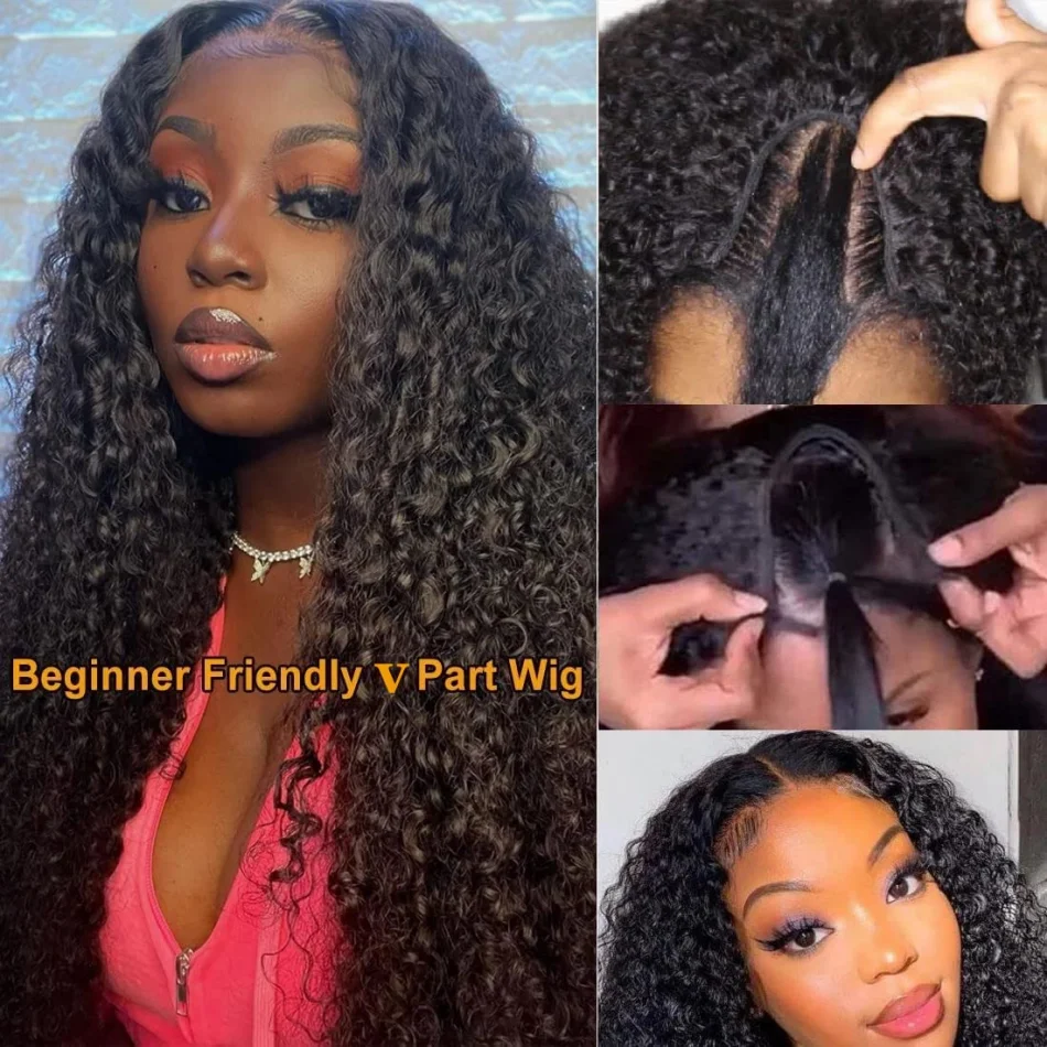 V Part Wigs Human Hair Glueless No Leave Out Upgrade Brazilian Curly Deep Wave Wigs For Women 220 Density Natural Color 30 Inch