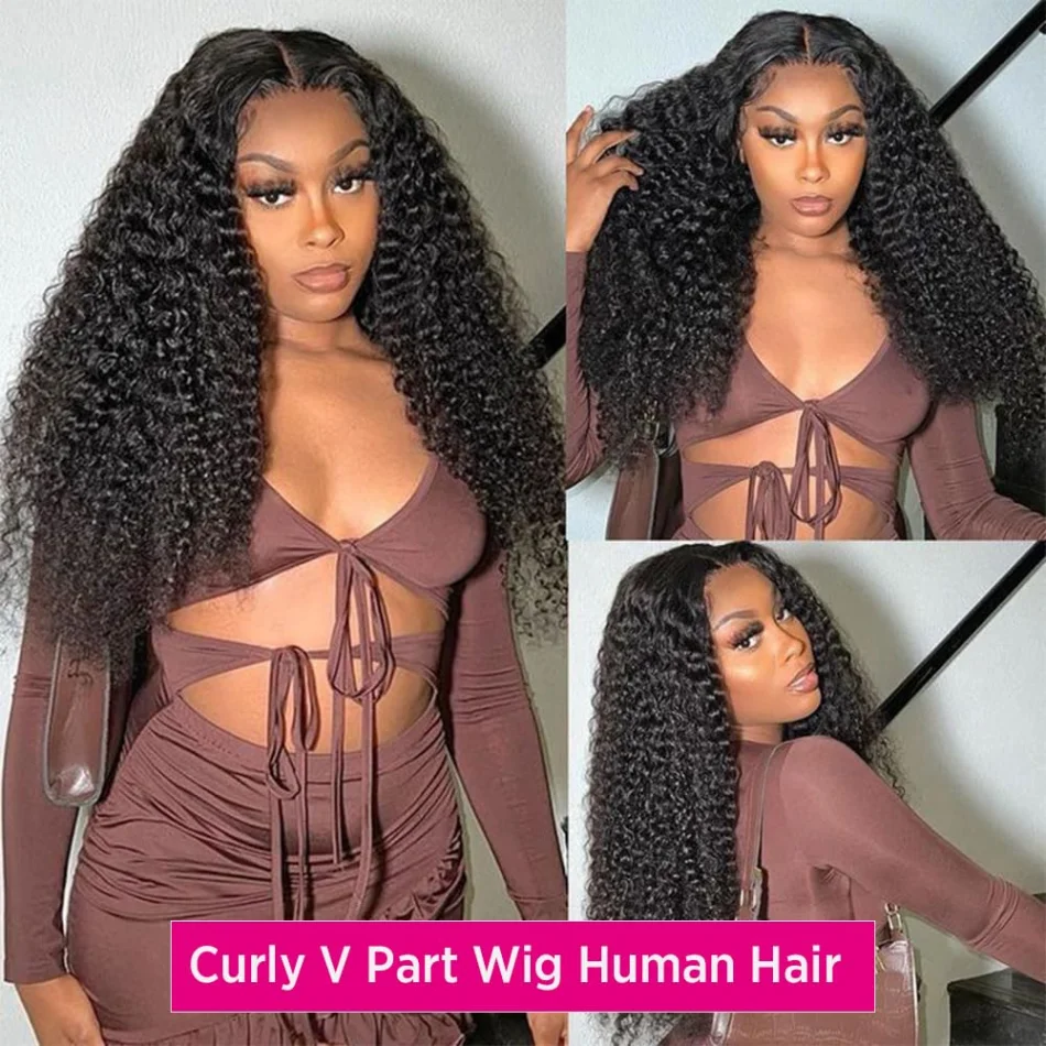 V Part Wigs Human Hair Glueless No Leave Out Upgrade Brazilian Curly Deep Wave Wigs For Women 220 Density Natural Color 30 Inch