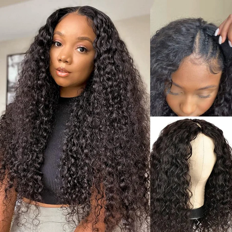 V Part Wigs Human Hair Glueless No Leave Out Upgrade Brazilian Curly Deep Wave Wigs For Women 220 Density Natural Color 30 Inch