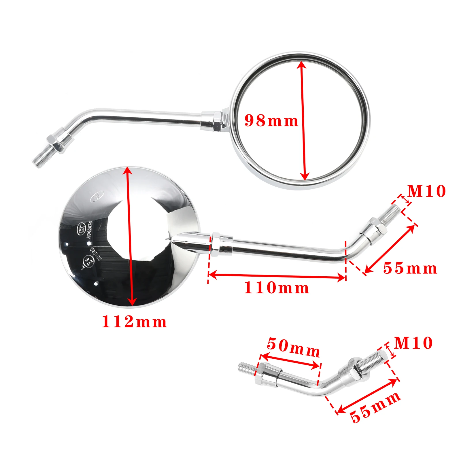 Artudatech Pair Chrome M10 Rearview Mirrors - 2 Type Stems For Kawasaki Z1 Z1000 Z 900 Z 1000