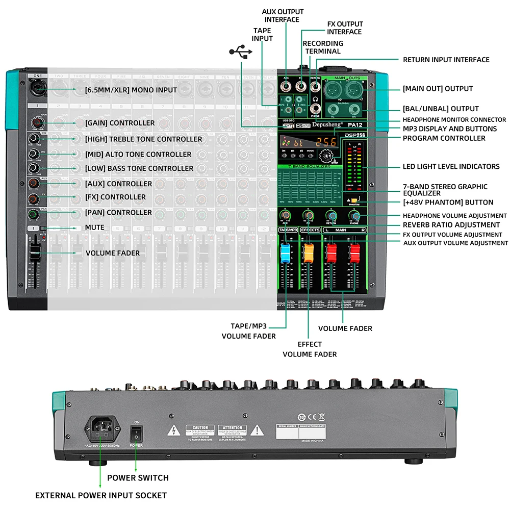 6/8/12/16 Channels Audio Sound Mixer Depusheng Mixing DJ Console USB 48V Phantom Power 256 DSP Effects Sound Table for Stage