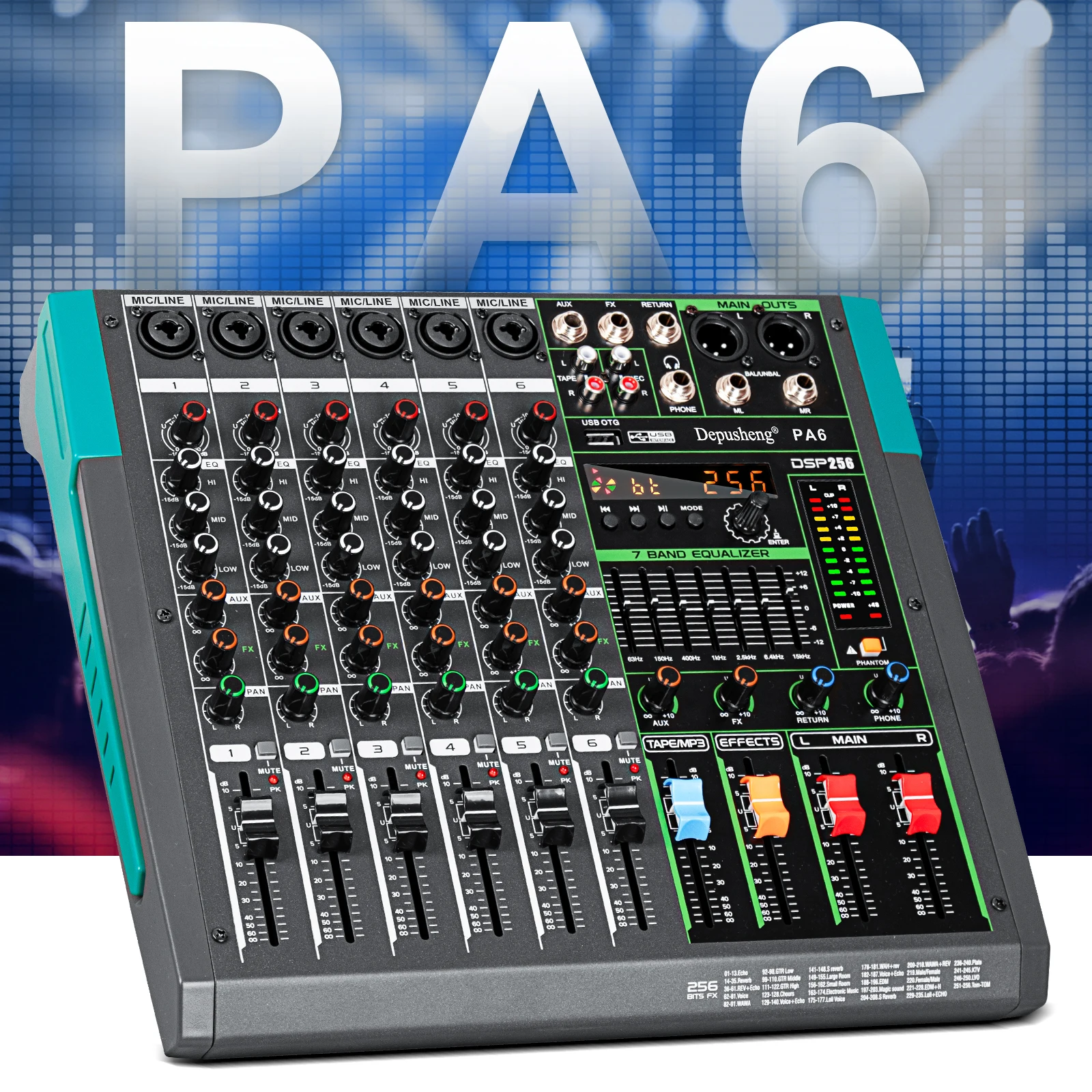 6/8/12/16 Channels Audio Sound Mixer Depusheng Mixing DJ Console USB 48V Phantom Power 256 DSP Effects Sound Table for Stage