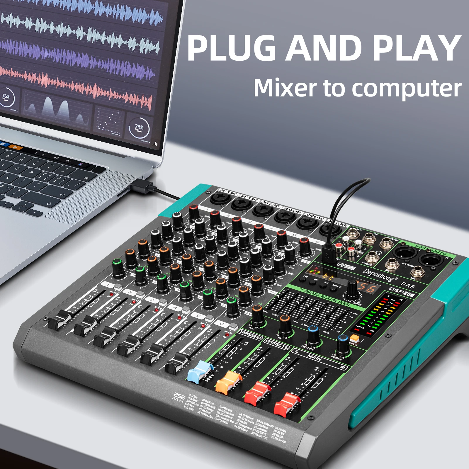 6/8/12/16 Channels Audio Sound Mixer Depusheng Mixing DJ Console USB 48V Phantom Power 256 DSP Effects Sound Table for Stage