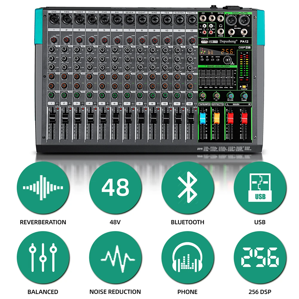 6/8/12/16 Channels Audio Sound Mixer Depusheng Mixing DJ Console USB 48V Phantom Power 256 DSP Effects Sound Table for Stage