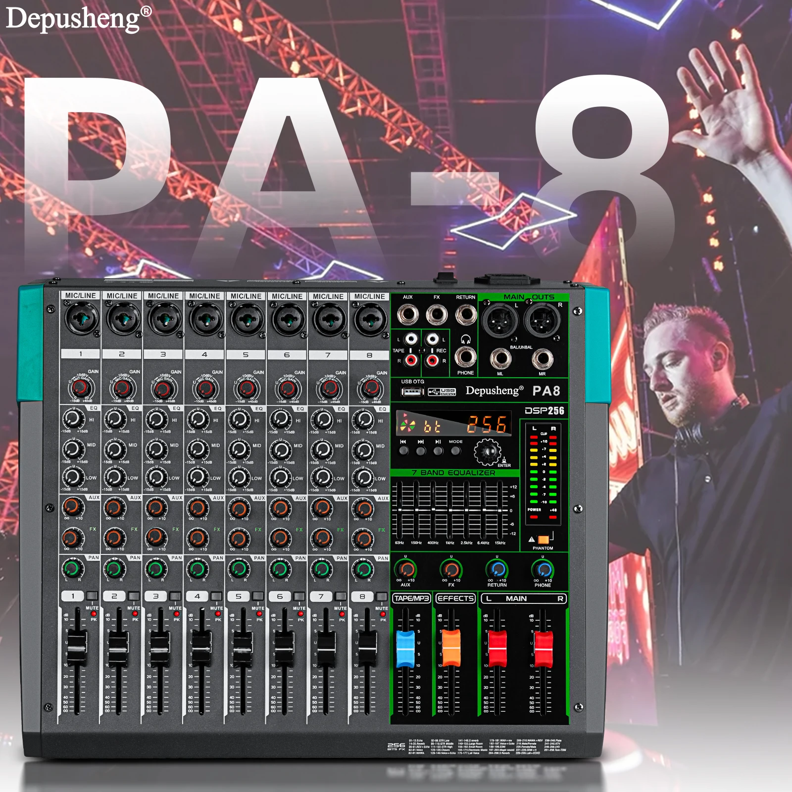 6/8/12/16 Channels Audio Sound Mixer Depusheng Mixing DJ Console USB 48V Phantom Power 256 DSP Effects Sound Table for Stage
