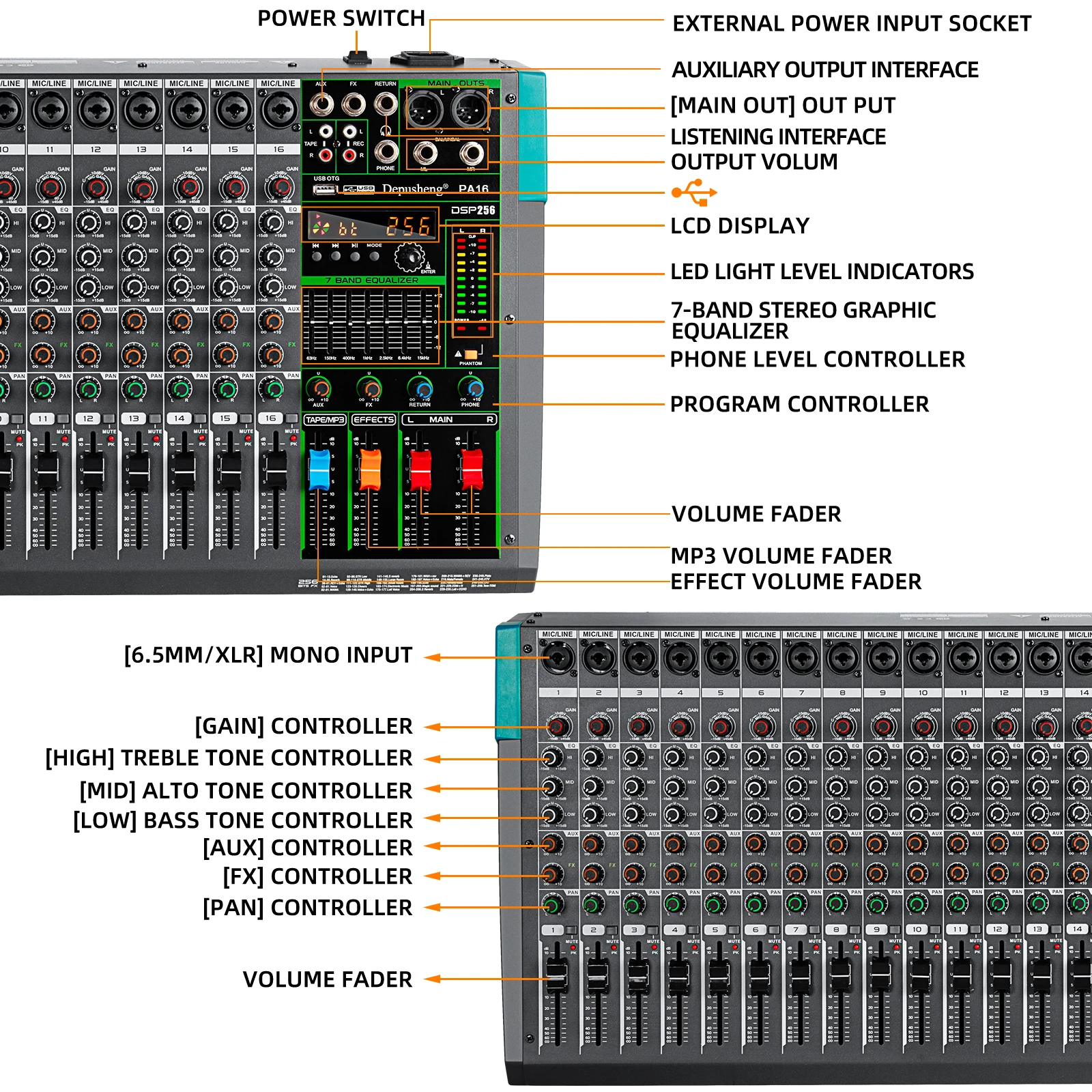 6/8/12/16 Channels Audio Sound Mixer Depusheng Mixing DJ Console USB 48V Phantom Power 256 DSP Effects Sound Table for Stage