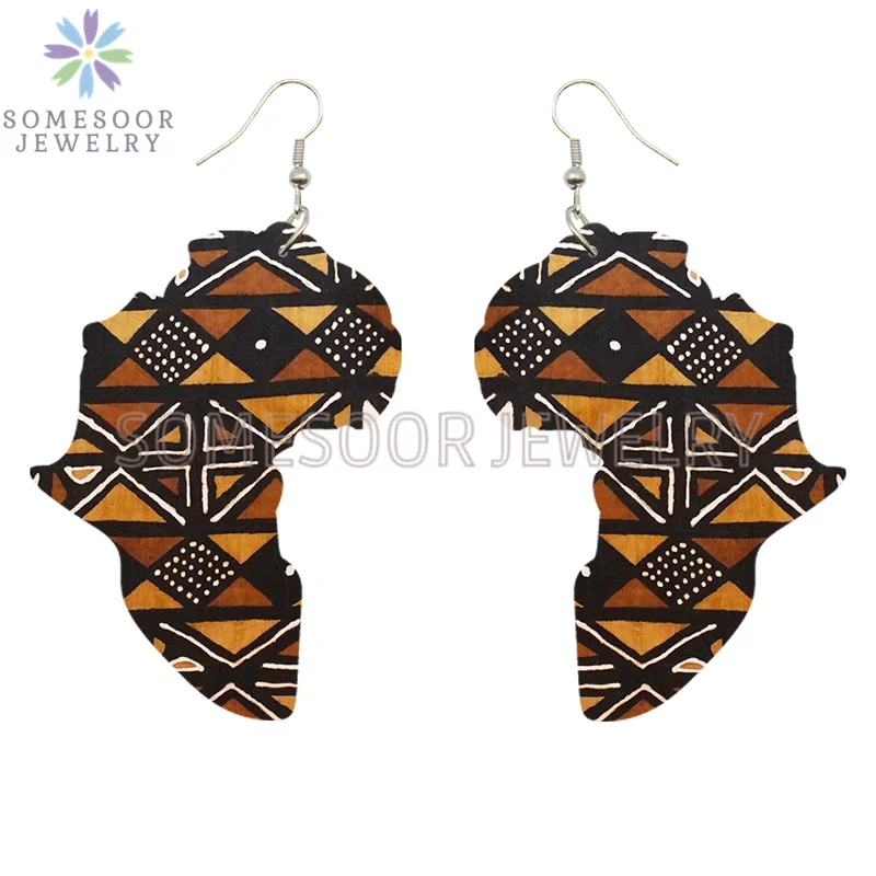 SOMESOOR 7 Shapes African Fabric Print Wooden Drop Earrings Wholesale Fashioin Ethnic Geometric Dangle Jewelry For Women Gifts