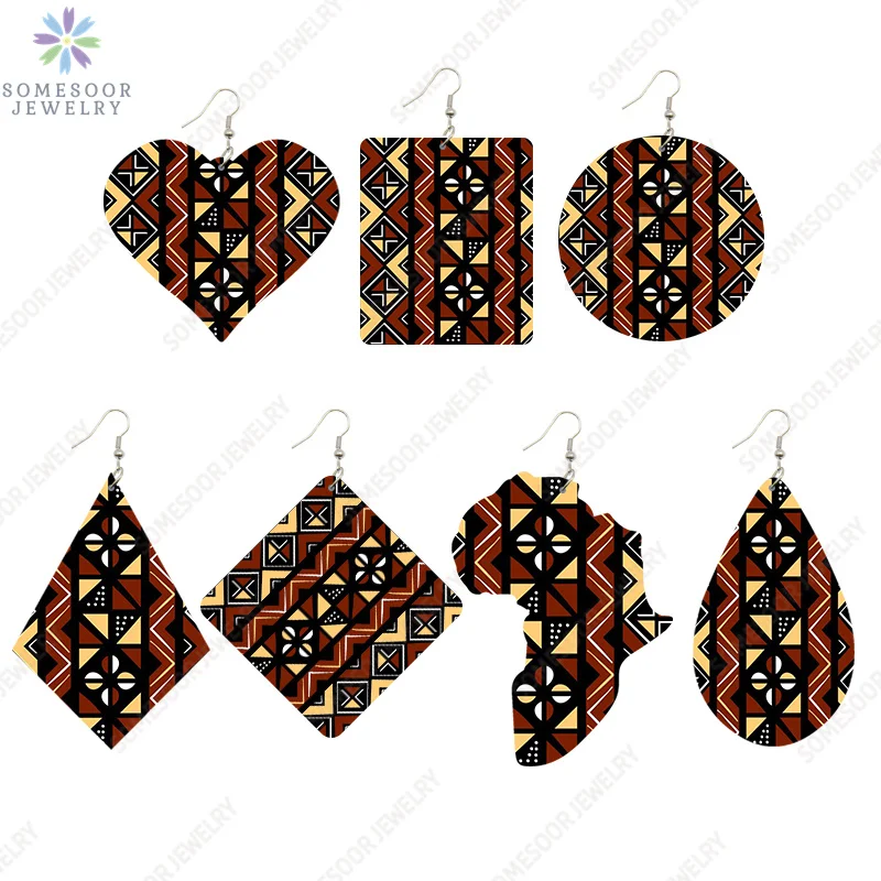 SOMESOOR 7 Shapes African Fabric Print Wooden Drop Earrings Wholesale Fashioin Ethnic Geometric Dangle Jewelry For Women Gifts
