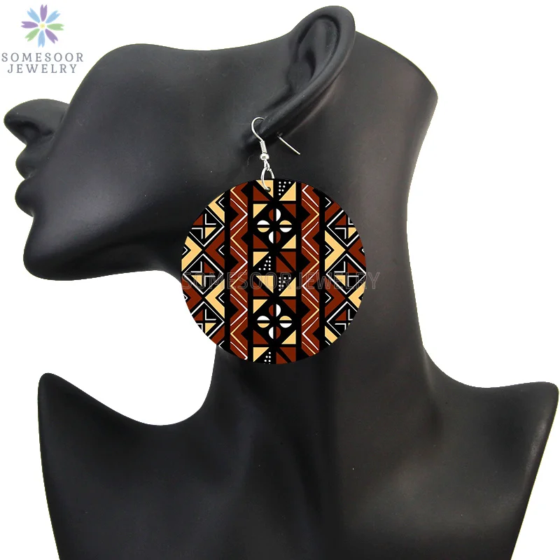 SOMESOOR 7 Shapes African Fabric Print Wooden Drop Earrings Wholesale Fashioin Ethnic Geometric Dangle Jewelry For Women Gifts