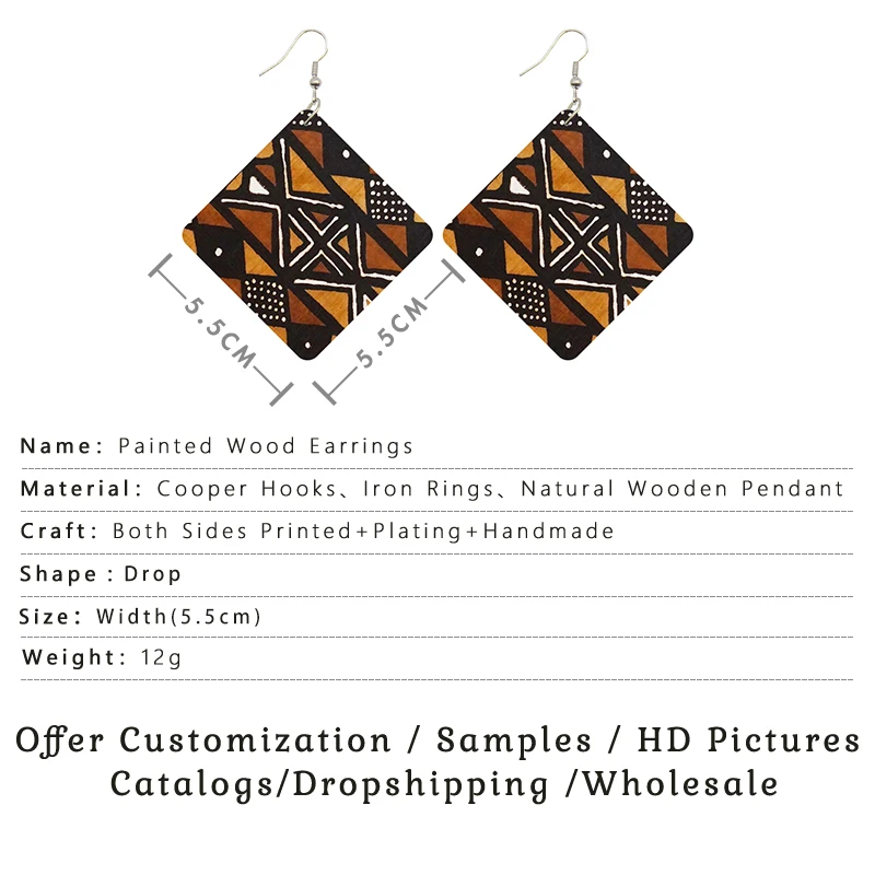 SOMESOOR 7 Shapes African Fabric Print Wooden Drop Earrings Wholesale Fashioin Ethnic Geometric Dangle Jewelry For Women Gifts