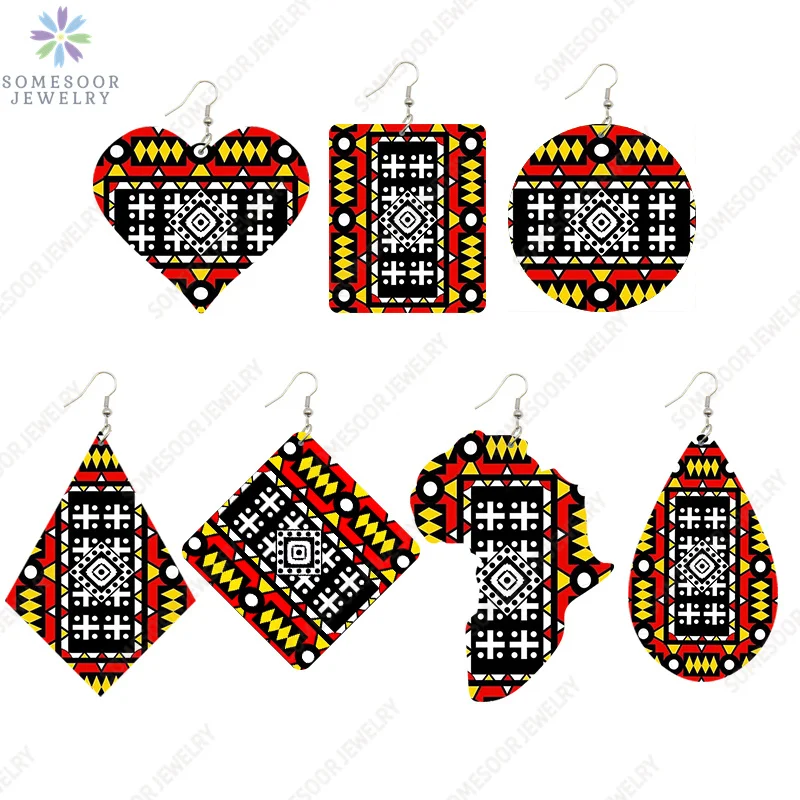SOMESOOR 7 Shapes African Fabric Print Wooden Drop Earrings Wholesale Fashioin Ethnic Geometric Dangle Jewelry For Women Gifts