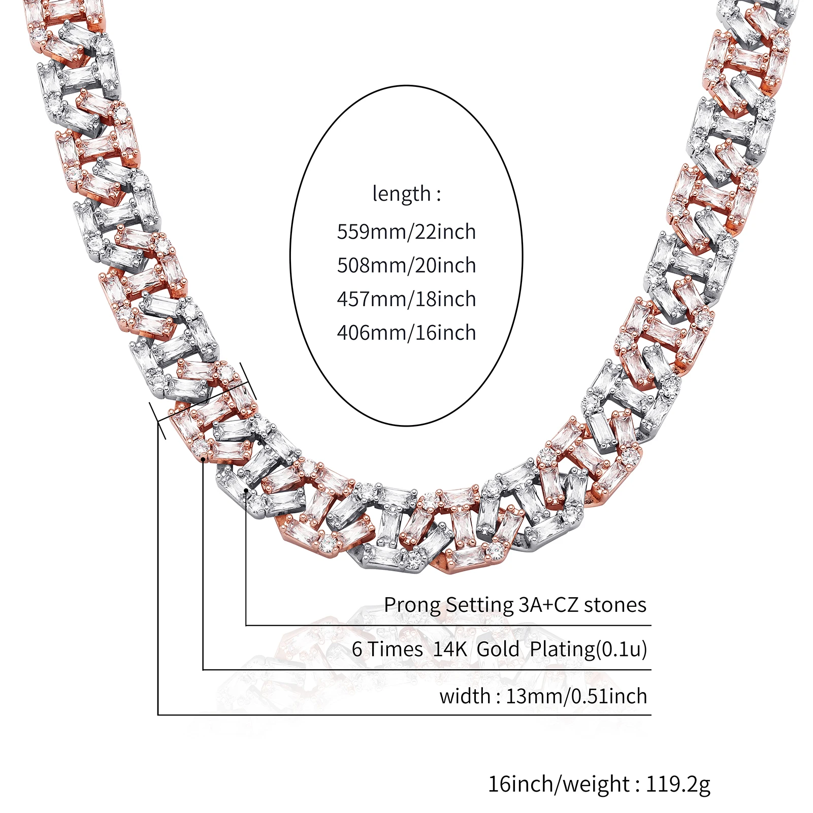 GUCY 12mm High Quality Baguette Chain Link Necklace Vintage Men Necklace Hip Hop Fashion Jewelry Gift