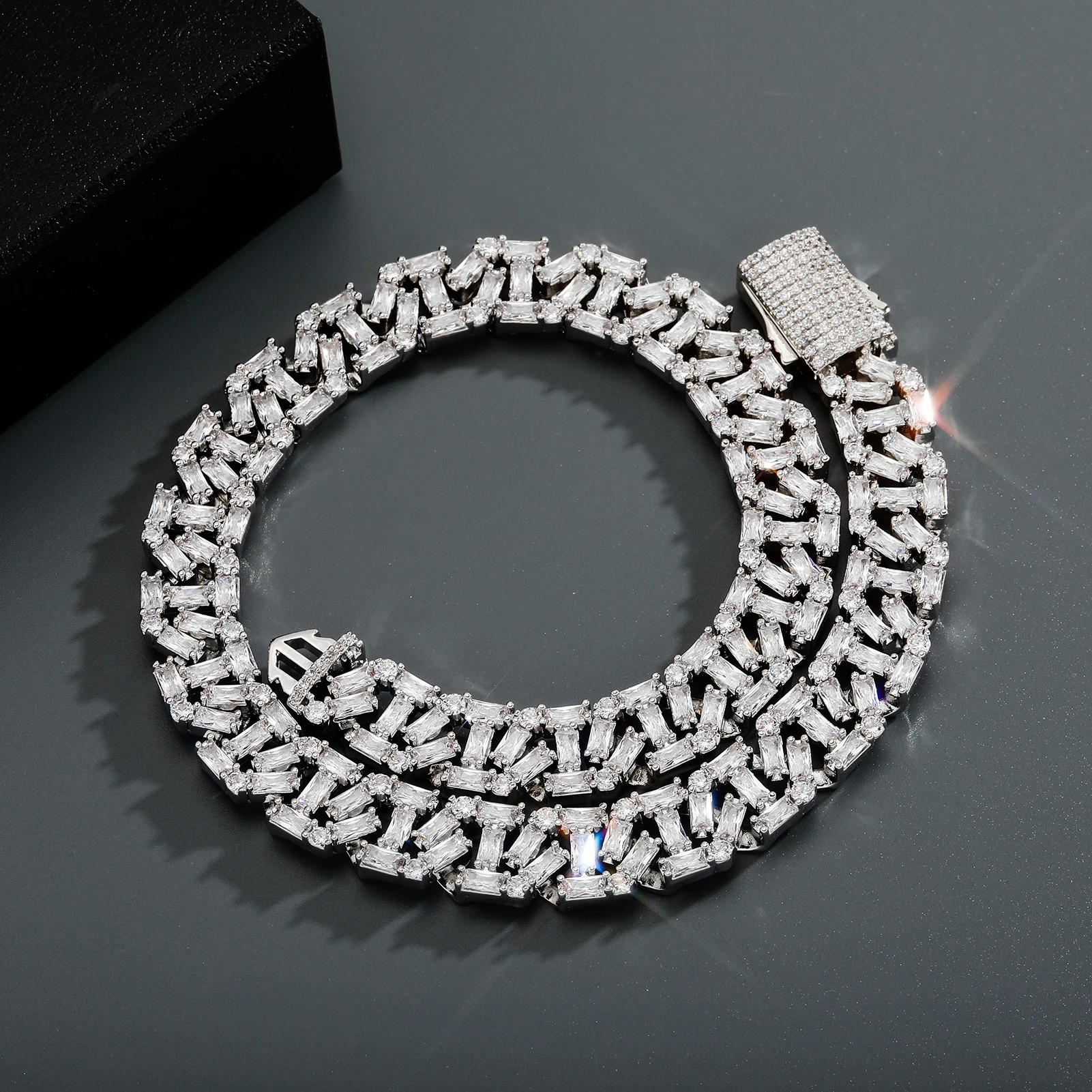 GUCY 12mm High Quality Baguette Chain Link Necklace Vintage Men Necklace Hip Hop Fashion Jewelry Gift