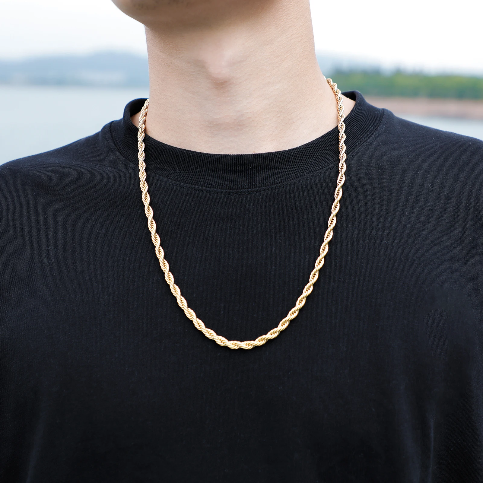 JINAO 2021 European and American style 5mm High Quality Rope Necklace Gold Color and Silver Color Chain String Necklace For Men