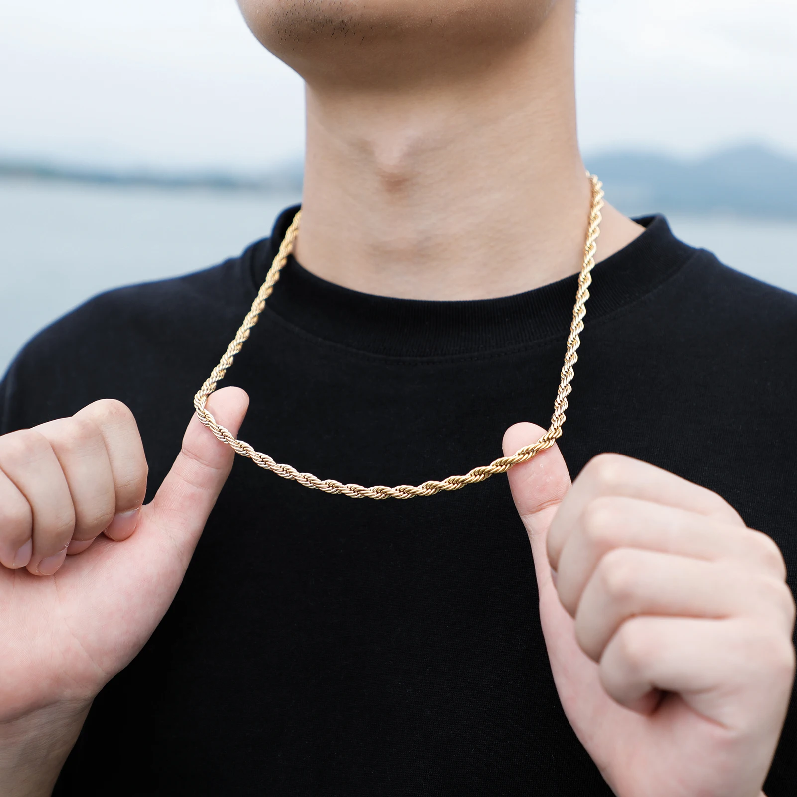 JINAO 2021 European and American style 5mm High Quality Rope Necklace Gold Color and Silver Color Chain String Necklace For Men