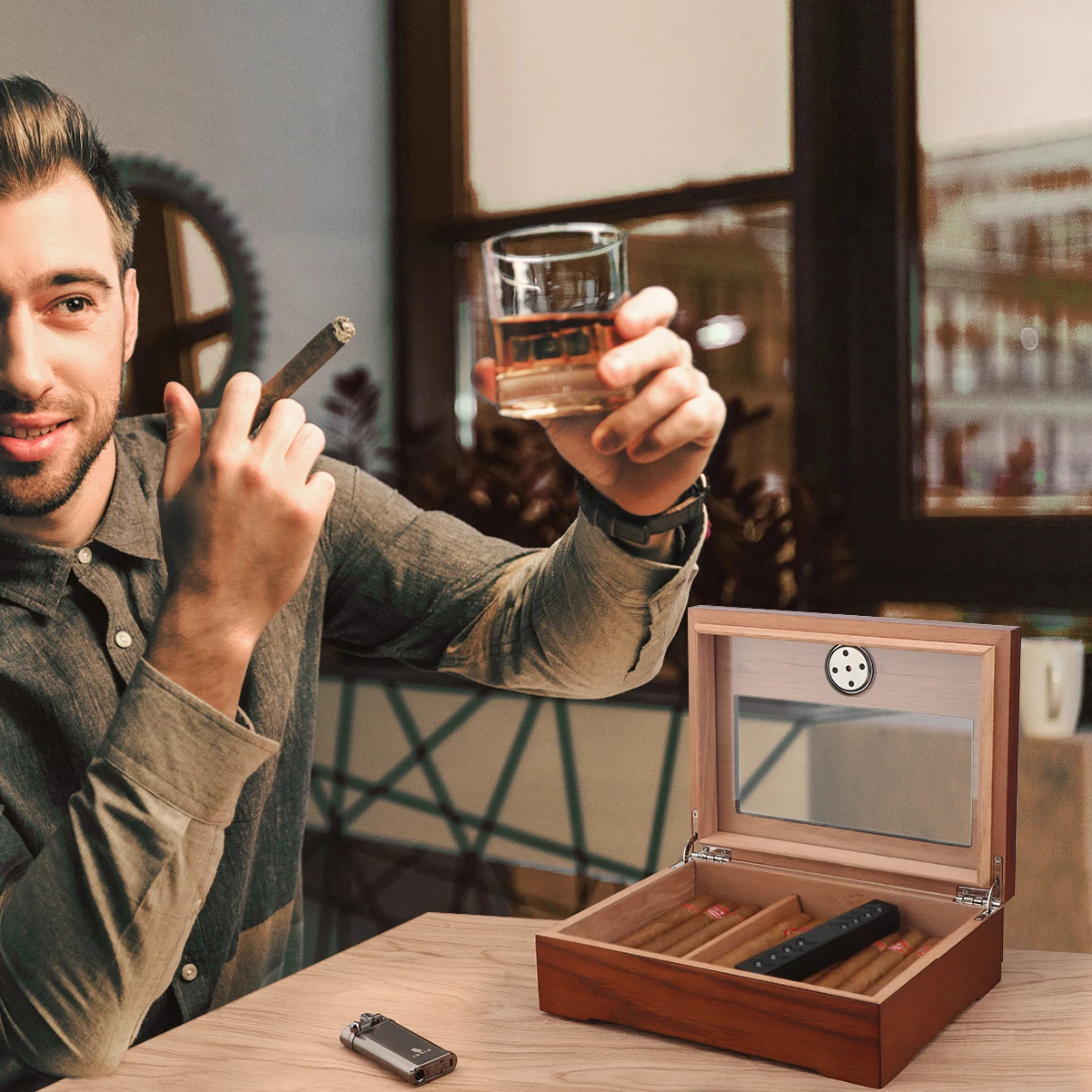 Xifei Cigar Humidor Box W/ Hygrometer Humidifier Portable Smoking Accessories Glass Window Cigarette Cedar Wood Case
