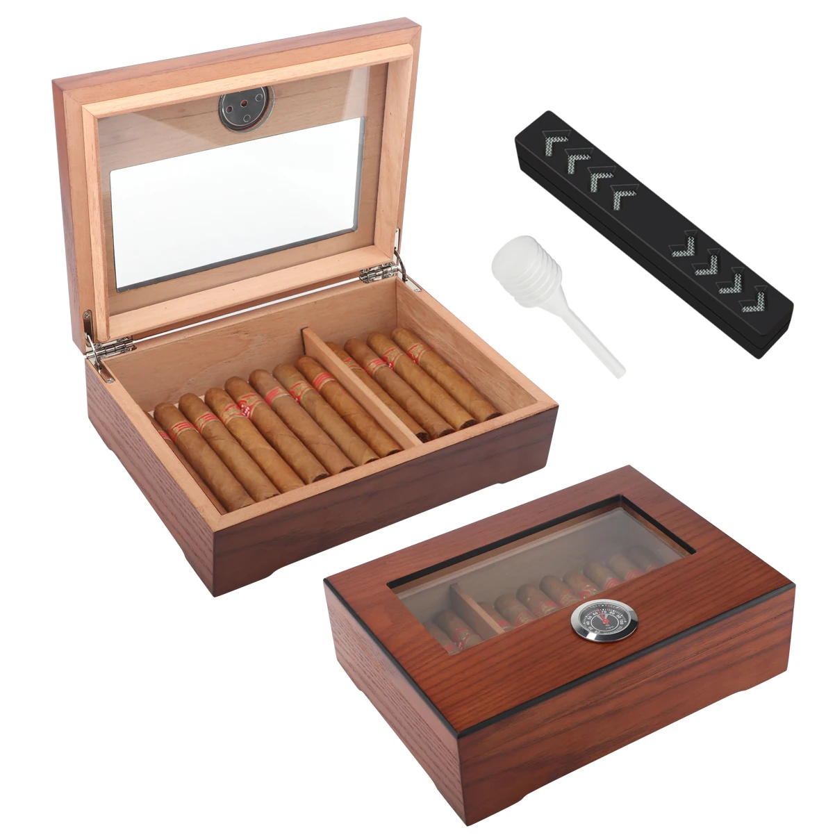 Xifei Cigar Humidor Box W/ Hygrometer Humidifier Portable Smoking Accessories Glass Window Cigarette Cedar Wood Case