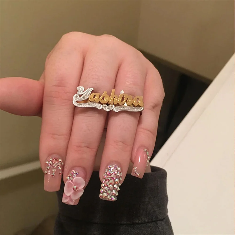 Personalized Letter Name Ring Double Color Heart Engraving Nameplate Ring Two Fingers Letter Women Ring
